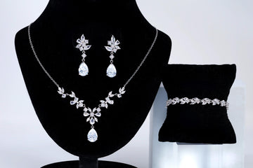 CZ Diamond Whispering Petals Jewelry Set, Long Bridal Earrings, Bracelet, Ring And Necklace, Statement Earrings Cz Necklace Set.